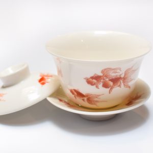 White Porcelain GaiWan Tea Cup and Saucer Set (Gold Fish)